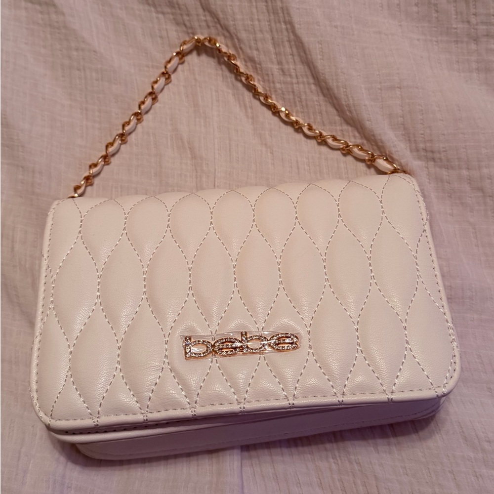 Bebe- White Quilted Crossbody with Gold Chain